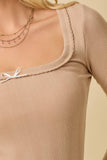 Square Neck Pointell Knit Top With Ribbon Bow