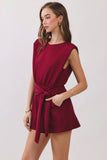 CP10295-Padded Shoulders Elasticized Waist Back Tie Romper