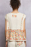 V-neck Floral Pattern Trim Ruffle Rib Knitted Sleeveless Top