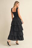 ID8988-B FLORAL EYELET RUFFLE STRAP SMOCKED TIERED MAXI