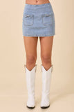 Mini Denim Skort With Front Pocket And Ribbon Bow