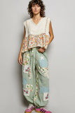 V-neck Floral Pattern Trim Ruffle Rib Knitted Sleeveless Top