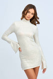 SEQUINED LONG FLARE SLEEVE SLIT MINI DRESS