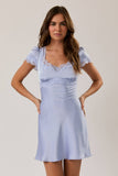 CAP SLEEVE LACE TRIM NECKLINE DETAIL BIAS MINI DRESS