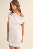 ID8182-A ASYMMETRIC OFF SHOULDER EYELET MINI DRESS