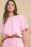 Scuba Bubble Hem And Sleeve Solid Crop Top