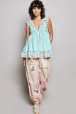 V-neck Thermal Lace Contrast Ruffle Floral Print Sleeveless