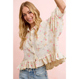 FLORAL CRINKLE QUARTER SLEEVE RUFFLE HEM SHIRT TOP