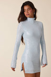 SEQUINED LONG FLARE SLEEVE SLIT MINI DRESS