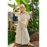 FLORAL EYELET SIDE ELASTIC STRIPES WIDE LEG PANTS
