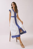 CD06045-Contrast Printed Trim Detail V Neck Midi Dress
