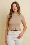 MOCK NECK RIBBED RUFFLED SHORT SLEEVE SWEATER