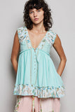 V-neck Thermal Lace Contrast Ruffle Floral Print Sleeveless