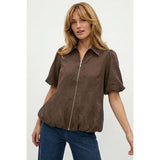 Bubble Hem Zip Front Blouse