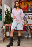 IT2283 V-neck Rounded Hem Striped Hoodie Top