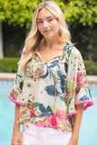 36751 Tassle Front and Fringe Wide Sleeve Floral Top
