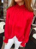 Red Smocked Neck Blouse