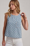 WASHED POLKA DOT DENIM SLEEVELESS TOP WITH  SCALLOPED EDGE