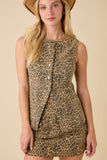 Leopard Printed Denim Snap Button Round Neck Vest