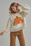 PUMPKIN APPLIQUE FALL THANKSGIVING TOP WITH EYELASH LACE HEM