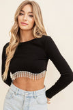 CT8831A - RHINESTONE FRINGE LONG SLEEVE CROP TOP