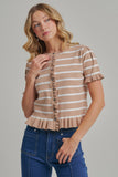 STRIPE KNITTED SWEATER BUTTON DOWN CARDIGAN TOP WITH RUFFLE