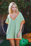 R5596A Striped Knit Binding Details V-neck Romper