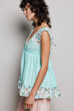 V-neck Thermal Lace Contrast Ruffle Floral Print Sleeveless