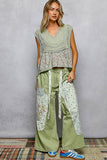 V-neck Floral Pattern Trim Ruffle Rib Knitted Sleeveless Top