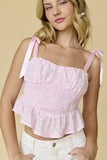PT17942 - Aurora Shoulder Tie Smocked Waist Eyelet Top