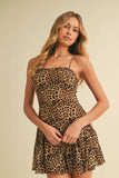 ID9191 LEOPARD MESH SLEEVELESS GODET FLARE MINI DRESS