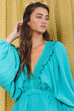 R5268D  Smocked V-neck Ruffled Solid Woven Romper