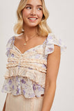 FLORAL PRINT RUFFLE LACE TRIMMED SWEETHEART NECK TOP