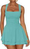 Mini dress with square neck waist pleated hem