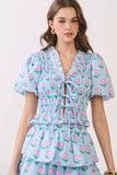 CT9889-Floral Print Ruffle Trim Puff Sleeve Tie Front Top