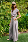 R5096D  Solid Scuba Open Front Wide Leg Jumpsuit