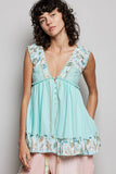 V-neck Thermal Lace Contrast Ruffle Floral Print Sleeveless