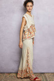 V-neck Floral Pattern Trim Ruffle Rib Knitted Sleeveless Top