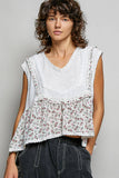 V-neck Floral Pattern Trim Ruffle Rib Knitted Sleeveless Top