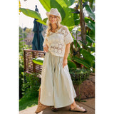 FLORAL EYELET SIDE ELASTIC STRIPES WIDE LEG PANTS
