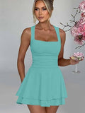 Mini dress with square neck waist pleated hem