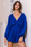 R5268D  Smocked V-neck Ruffled Solid Woven Romper