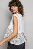 V-neck Floral Pattern Trim Ruffle Rib Knitted Sleeveless Top