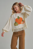 PUMPKIN APPLIQUE FALL THANKSGIVING TOP WITH EYELASH LACE HEM