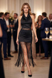 Satin Cowl Halter Top & Maxi Skirt Set with Fringe Detail
