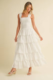 ID8988-B FLORAL EYELET RUFFLE STRAP SMOCKED TIERED MAXI