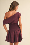 ID9559  OFF SHOULDER SMOCKED WAIST MINI DRESS