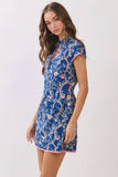 CD07359-Floral Vine Mandarin Collar Mini Dress