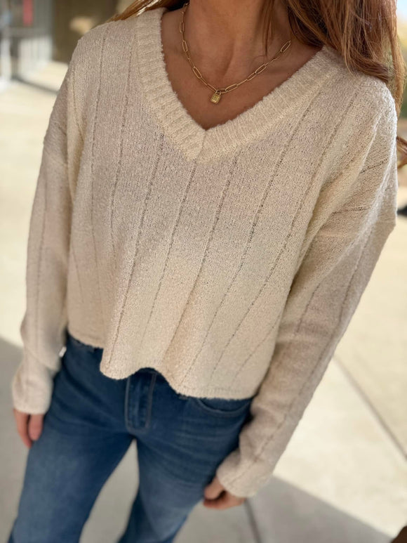 Cream Textured Vneck Sweater