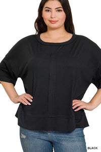 PLUS SIZE Rib Boat Neck Dolman Sleeve Top W Front Seam